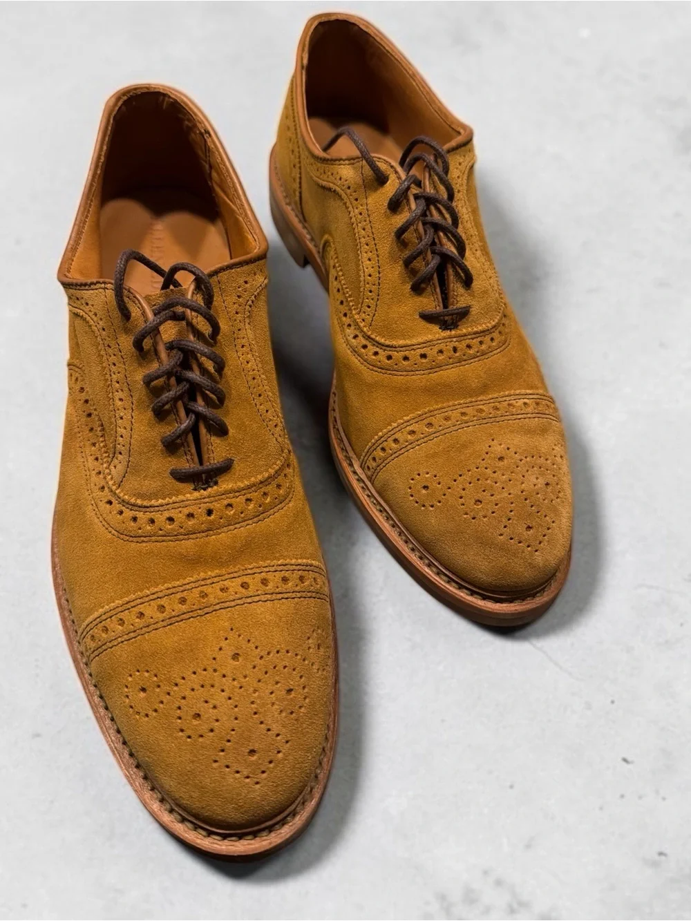 Allen Edmonds Mustard Tan Suede Brogue Oxfords